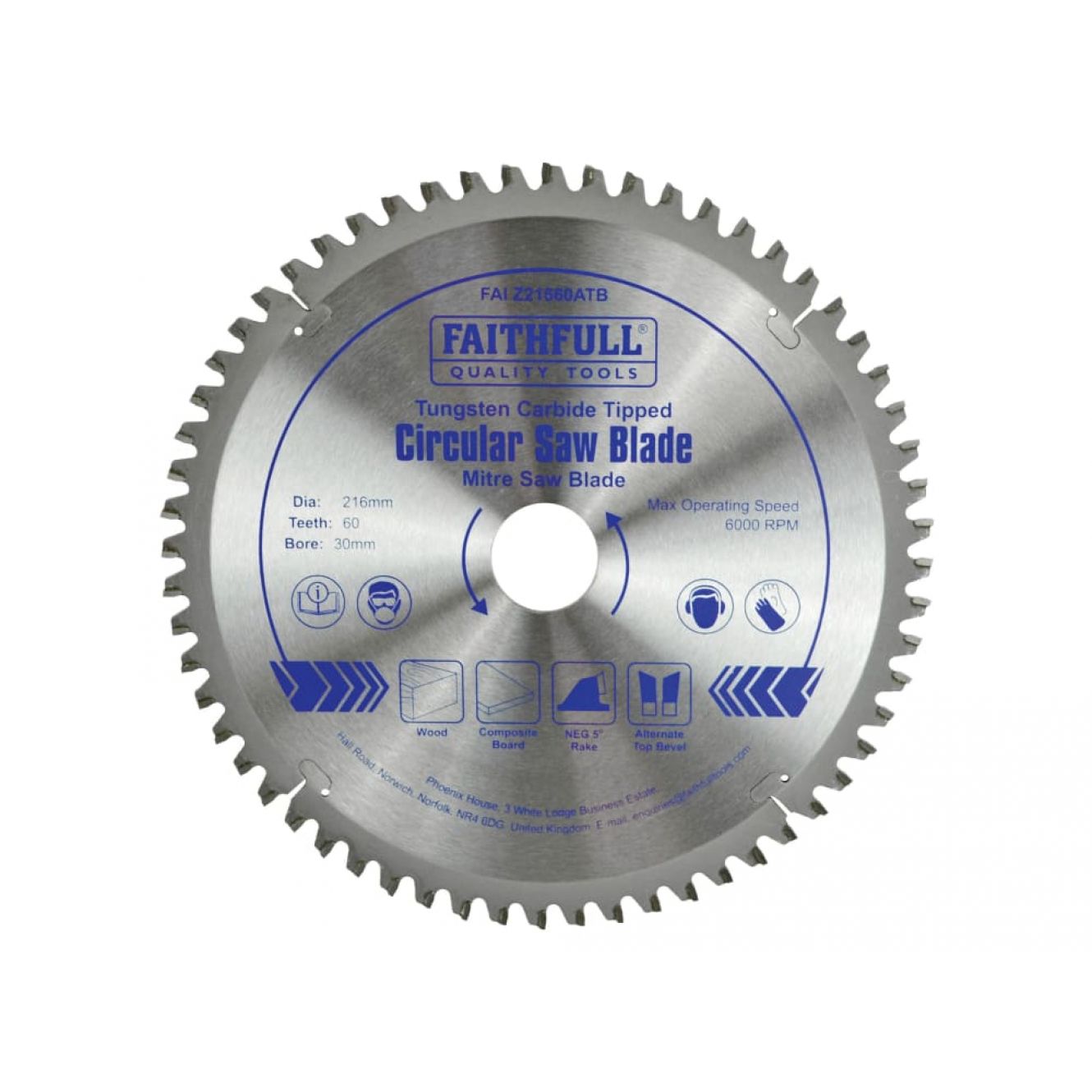 TCT Cross Cut Mitre Saw Blade 216 x 30mm x 60T NEG FAIZ21660ATB