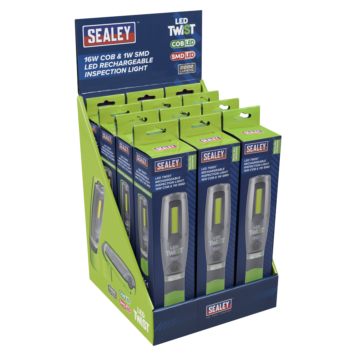 Rechargeable Inspection Light 16W COB & 1W SMD LED - Green - Display Box of 12 LED2001GDB