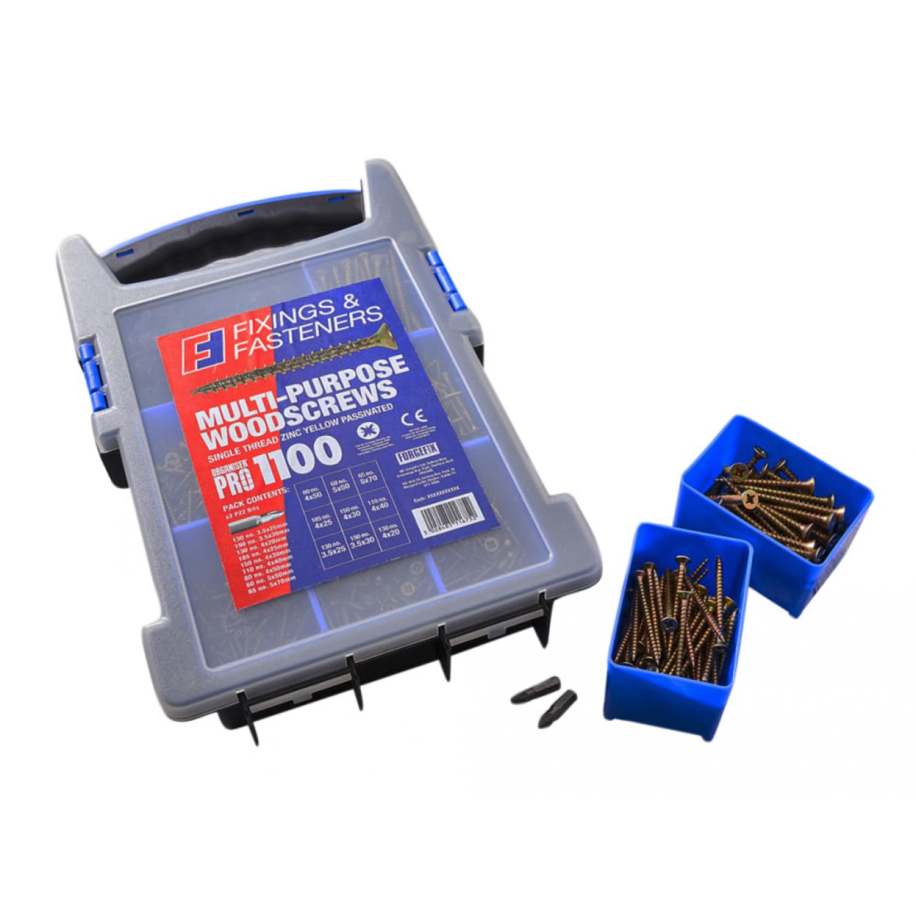 Multi-Purpose Wood Screw Kit, 1100 Piece + 2 x PZ2 Bits FORMP1100KIT