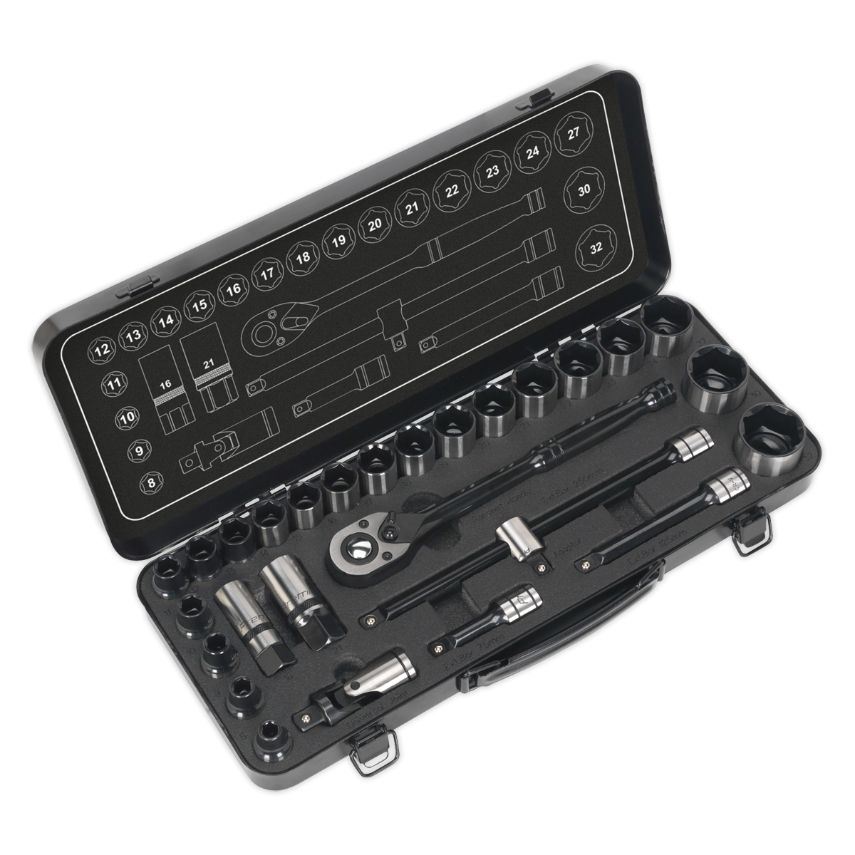 Socket Set 28pc 1/2"Sq Drive 6pt WallDrive® Metric Black Series AK7972