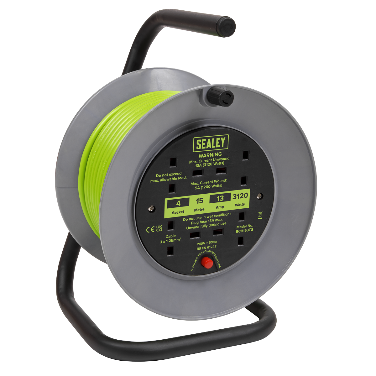 Cable Reel with Thermal Trip 4 x 230V 15m - Green BCR153TG