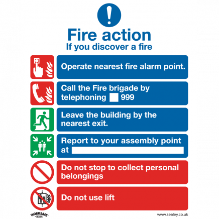 Safe Conditions Safety Sign - Fire Action With Lift - Self-Adhesive Vinyl - Pack of 10 SS19V10