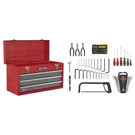 Portable Tool Chest 3 Drawer with Ball-Bearing Slides - Red/Grey & 93pc Tool Kit AP9243BBCOMBO