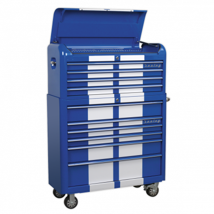Retro Style Extra-Wide Topchest & Rollcab Combination 10 Drawer Blue/White Stripes AP41COMBOBWS