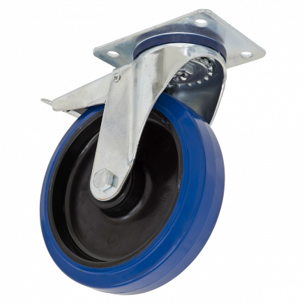 Heavy-Duty Blue Elastic Rubber Castor Wheel Swivel with Total Lock Ø160mm - Trade SCW3160SPLEM