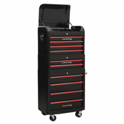 Retro Style Topchest, Mid-Box & Rollcab Combination 10 Drawer - Black with Red Anodised Drawer Pulls AP28COMBO2BR