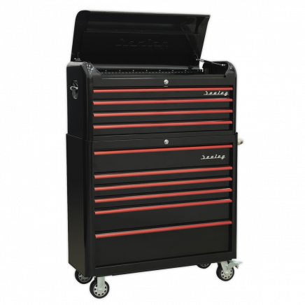 Retro Style Extra-Wide Topchest & Rollcab Combination 10 Drawer-Black with Red Anodised Drawer Pull AP41COMBOBR