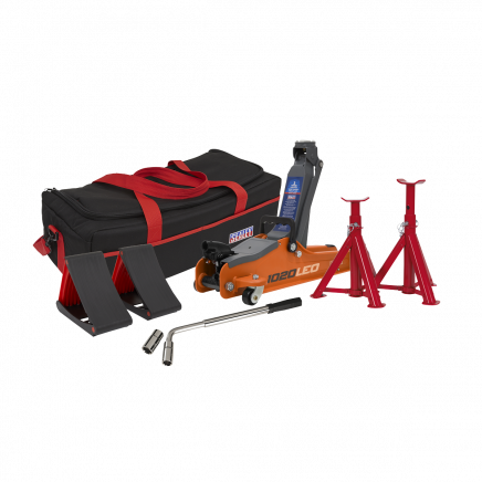 Trolley Jack 2 Tonne Low Entry Short Chassis & Accessories Bag Combo - Orange 1020LEOBAGCOMBO