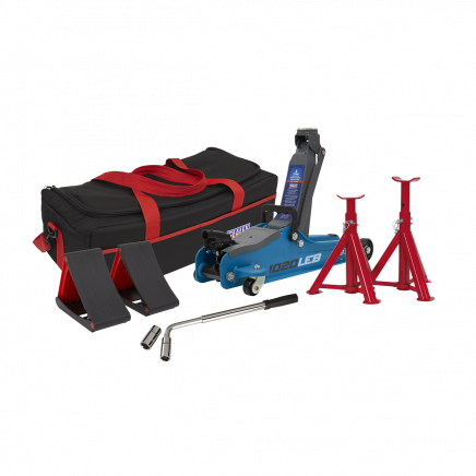 Trolley Jack 2 Tonne Low Entry Short Chassis & Accessories Bag Combo - Blue 1020LEBBAGCOMBO