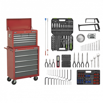 Topchest & Rollcab Combination 14 Drawer with Ball-Bearing Slides - Red/Grey & 281pc Tool Kit AP2250BBCOMBO