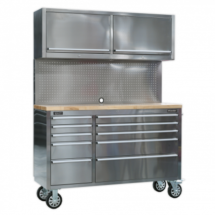 Mobile Stainless Steel Tool Cabinet 10 Drawer with Backboard & 2 Wall Cupboards AP5520SS