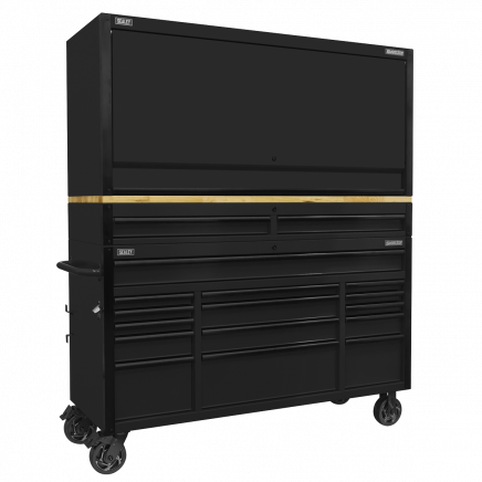 Superline PRO® Black Edition Mobile Trolley with Wooden Worktop 15 Drawer, Hutch & 2 Drawer Riser 1549mm AP6215BECOMBO1