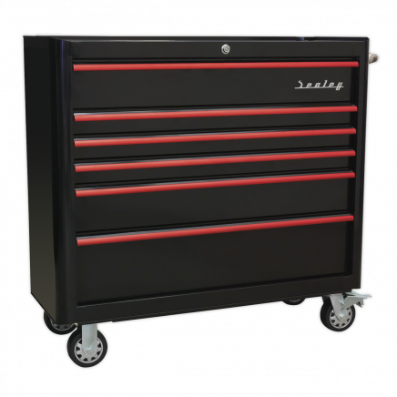 Rollcab 6 Drawer Wide Retro Style - Black with Red Anodised Drawer Pulls AP41206BR