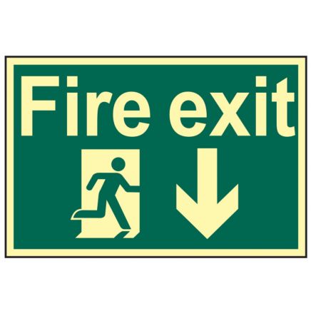 Fire Exit Running Man Arrow Down - Photoluminescent 300 x 200mm SCA1580