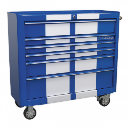 Rollcab 6 Drawer Wide Retro Style - Blue with White Stripes AP41206BWS