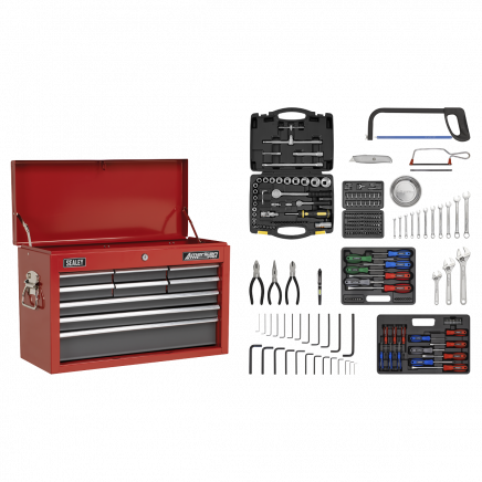 Topchest 9 Drawer with Ball-Bearing Slides - Red/Grey & 205pc Tool Kit AP22509BBCOMB