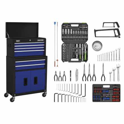 Topchest & Rollcab Combination 6 Drawer with Ball-Bearing Slides - Blue/Black & 170pc Tool Kit AP22BCOMBO