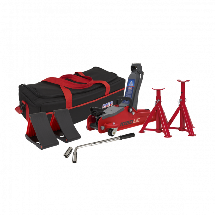 Trolley Jack 2 Tonne Low Entry Short Chassis & Accessories Bag Combo - Red 1020LEBAGCOMBO