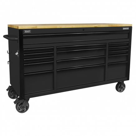 Superline PRO® Black Edition Mobile Trolley with Wooden Worktop 15 Drawer 1549mm AP6215BE